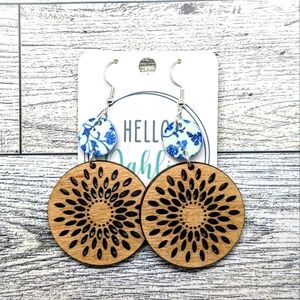 Boho Circle Earrings with Blue floral accent